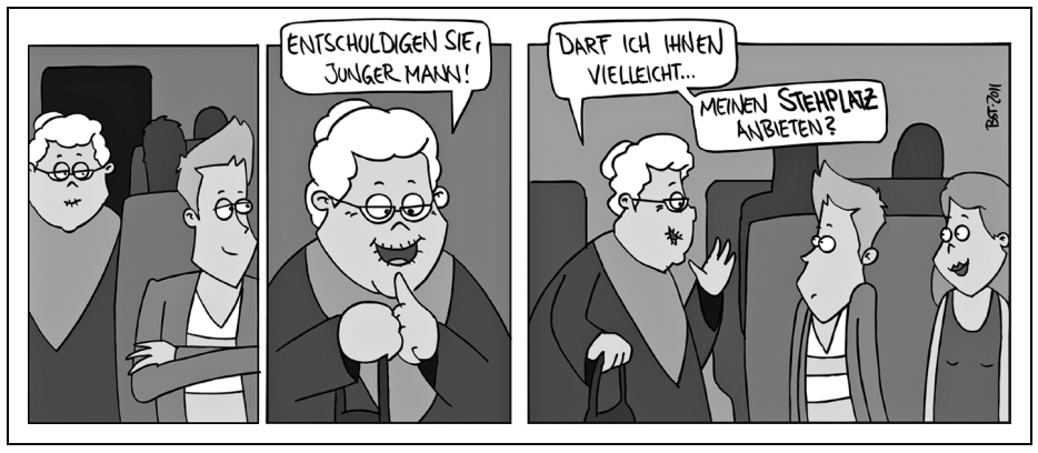 Cartoon: Ein älterer Mann bietet im Bus seinen Stehplatz an.